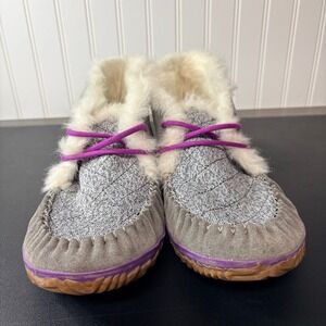 Sorel Out N About Faux Fur Lined Suede Moccasins Booties Gray Purple 10